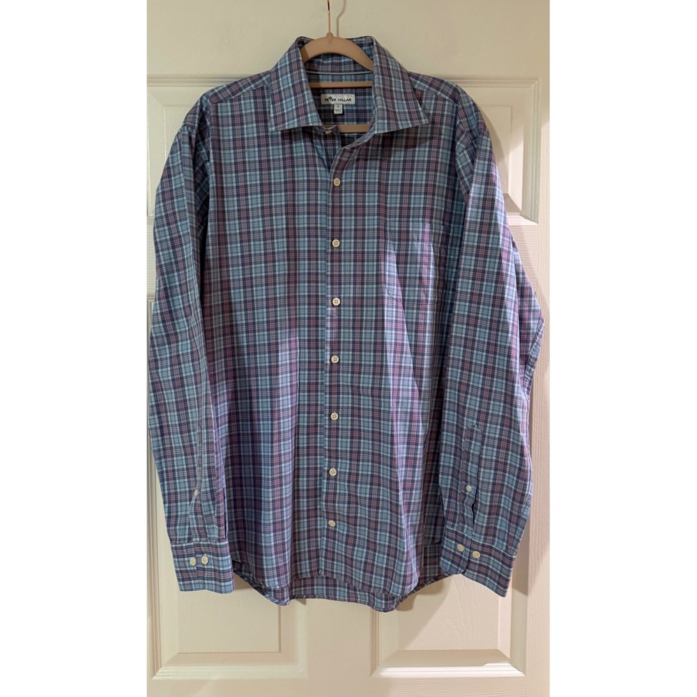 Peter Millar Men's Large Plaid Button Up Dress Shirt Blue Long Sleeve Business